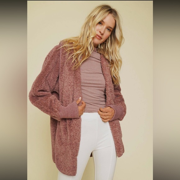 427. Oversized Hooded Cozy Open Cardigan Jacket Pockets Mauve Restocked NWT OSFM - Picture 4 of 4